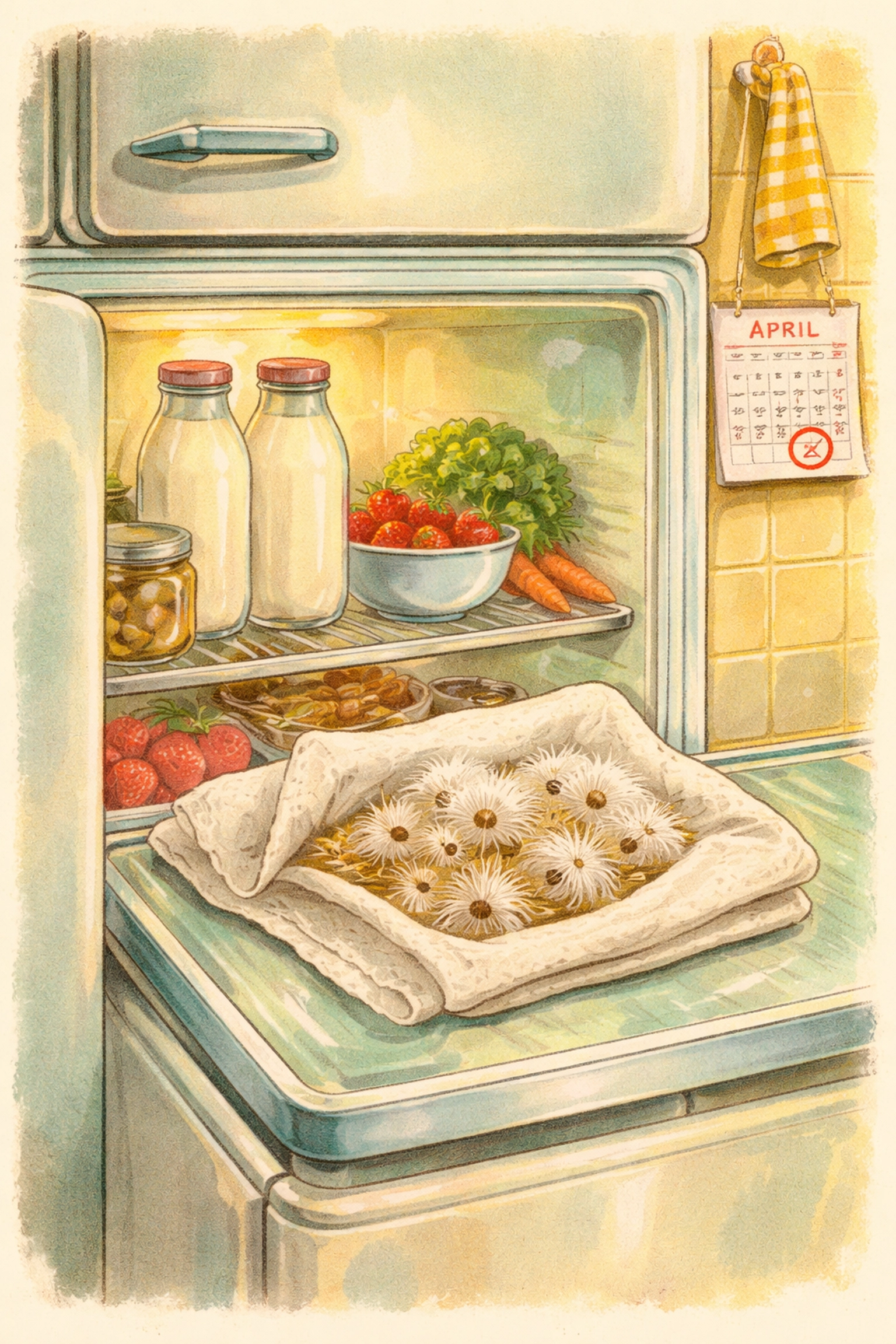 Milkweed seeds wrapped in a damp towel and chilled in a vintage refrigerator, prepping for butterfly gardening.