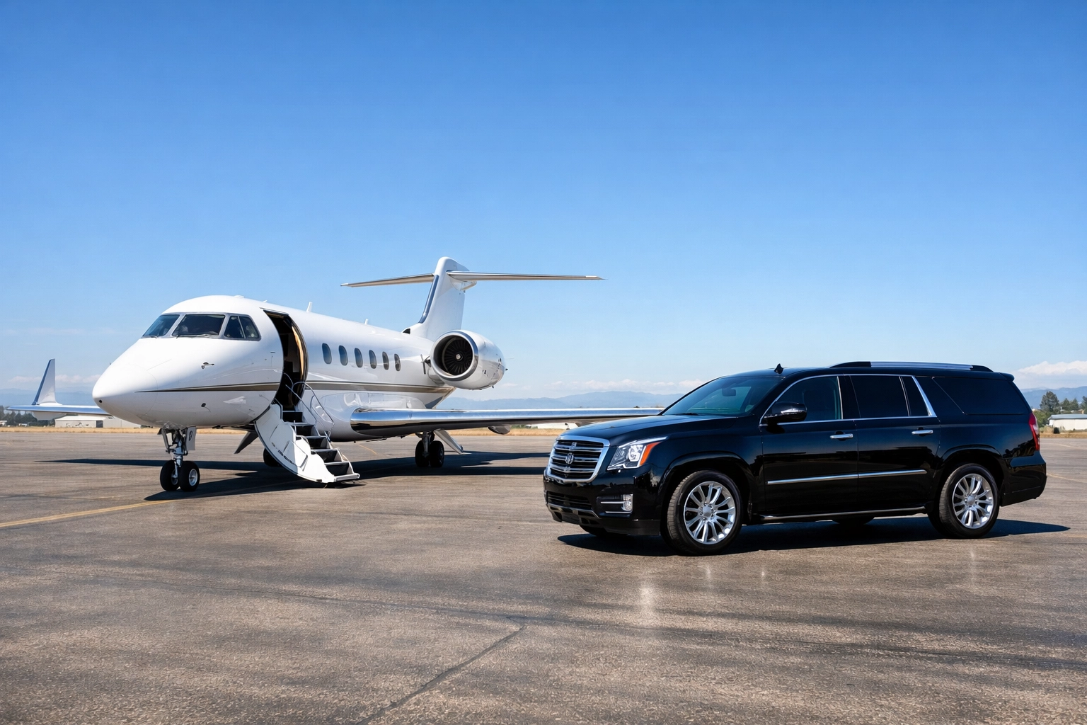 Luxury private jet and black SUV providing elite executive transportation for the Super Bowl.