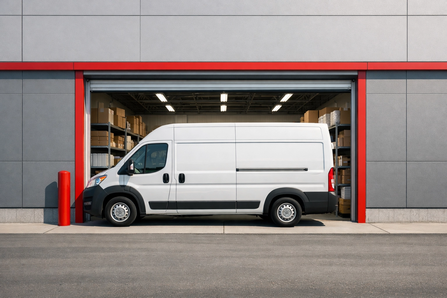 A delivery van loading stock at a ground-level Hertford storage and logistics unit.
