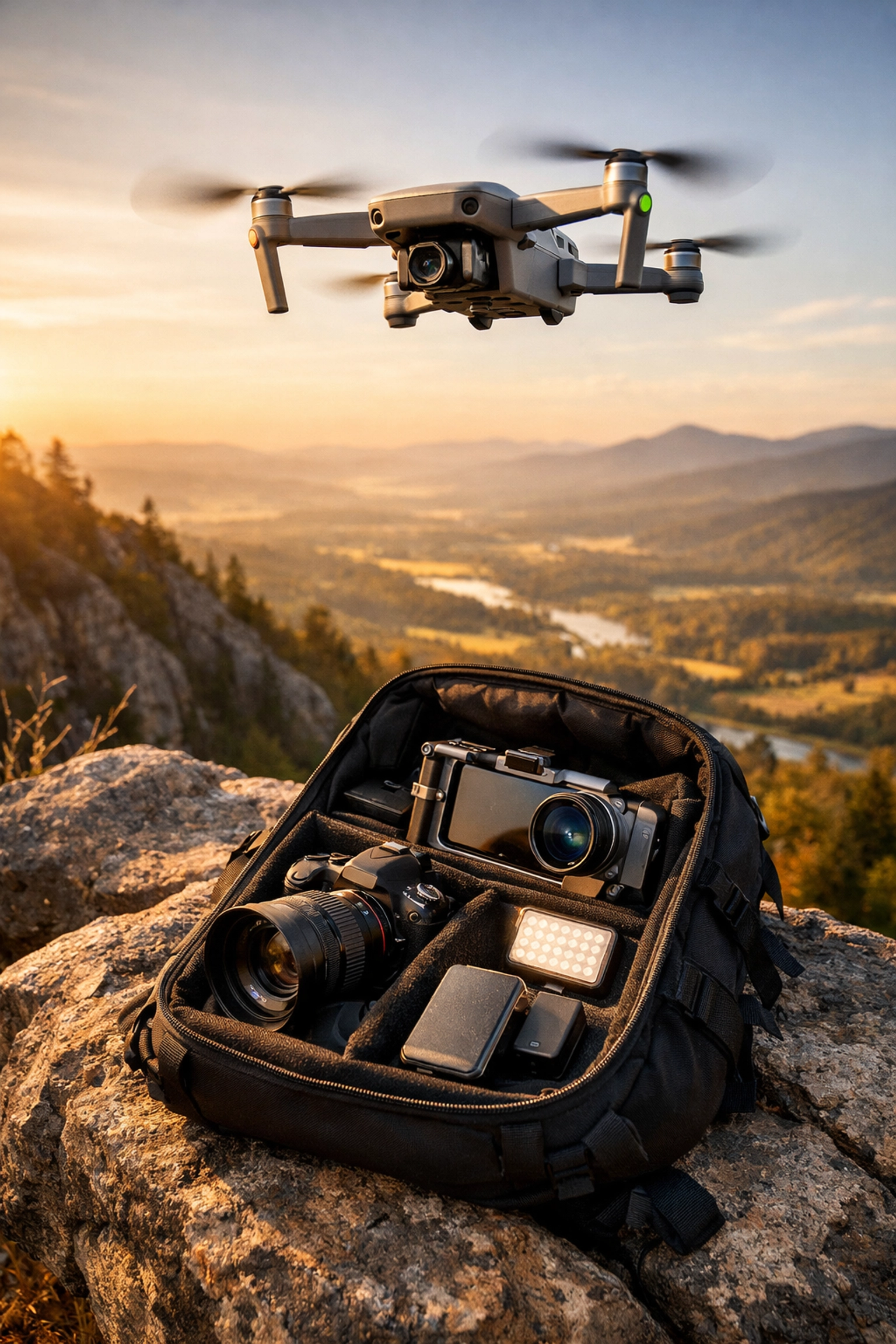 Portable drone and smartphone photography tools at a scenic overlook, showcasing new gear developments.