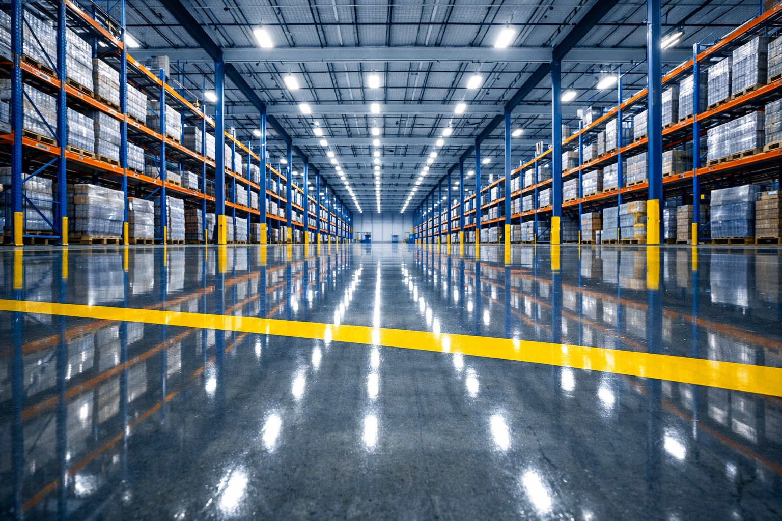 Professional industrial janitorial services in Everett featuring polished concrete warehouse floors.