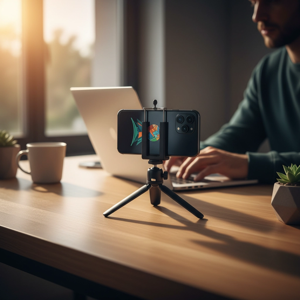 A person works on their laptop with a smartphone set up on a tripod nearby, capturing the warm glow of the morning light streaming through a window, creating a focused and productive workspace atmosphere.