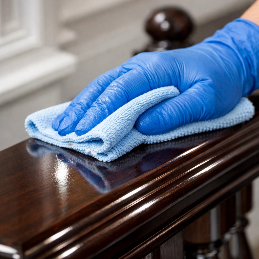 Detailed deep cleaning services in a Boston home showing a professional wiping a marble surface.