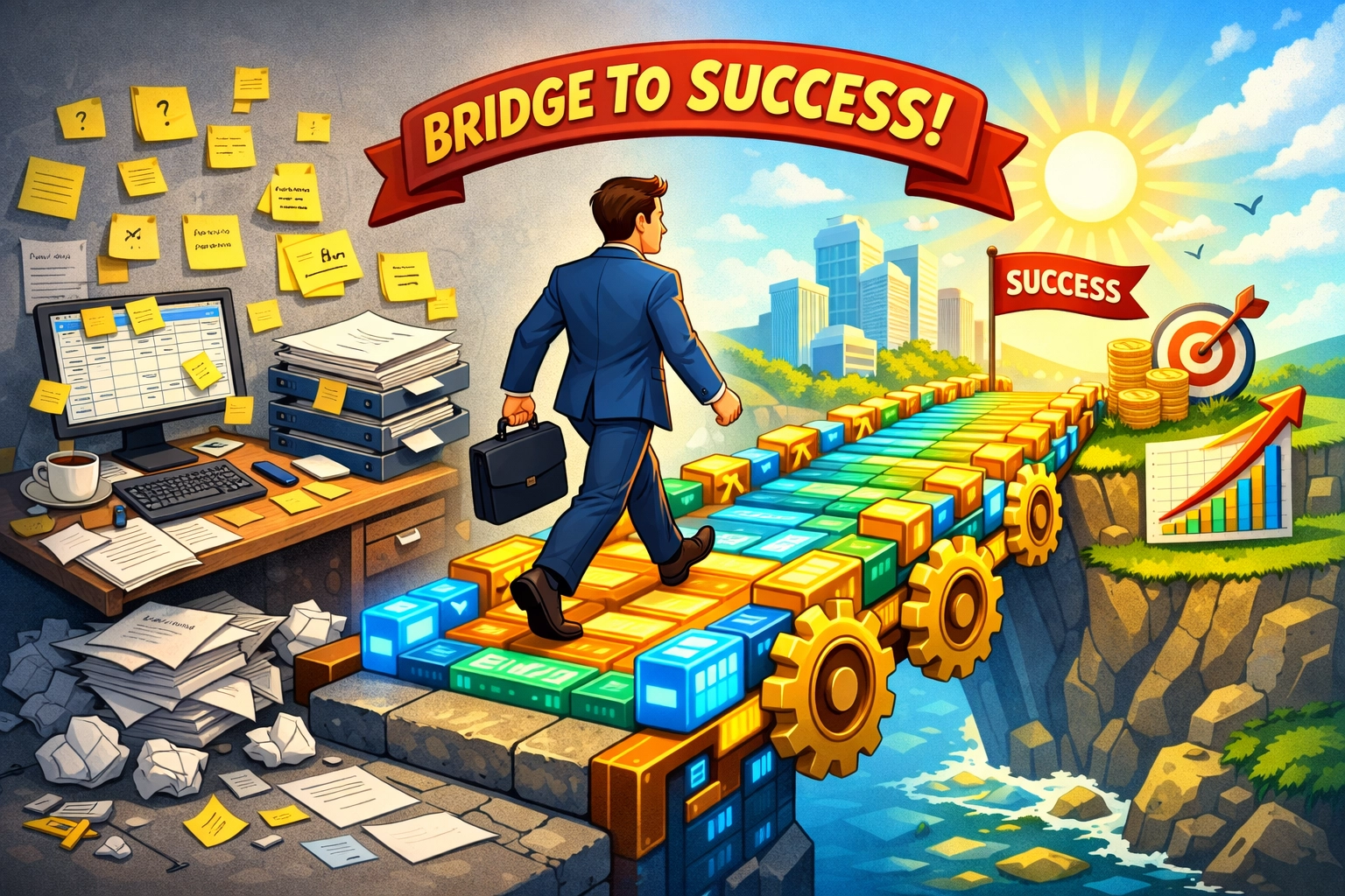 Digital bridge from a messy desk to a structured sales system for better lead follow-up.