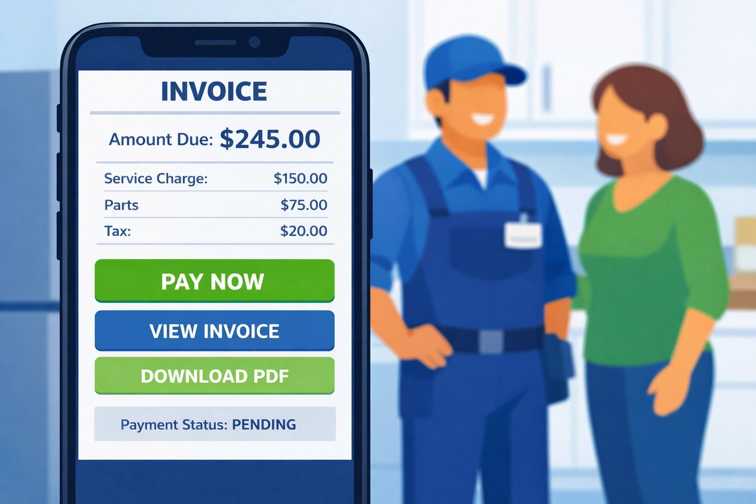 Appliance repair technician using mobile invoicing software with customer