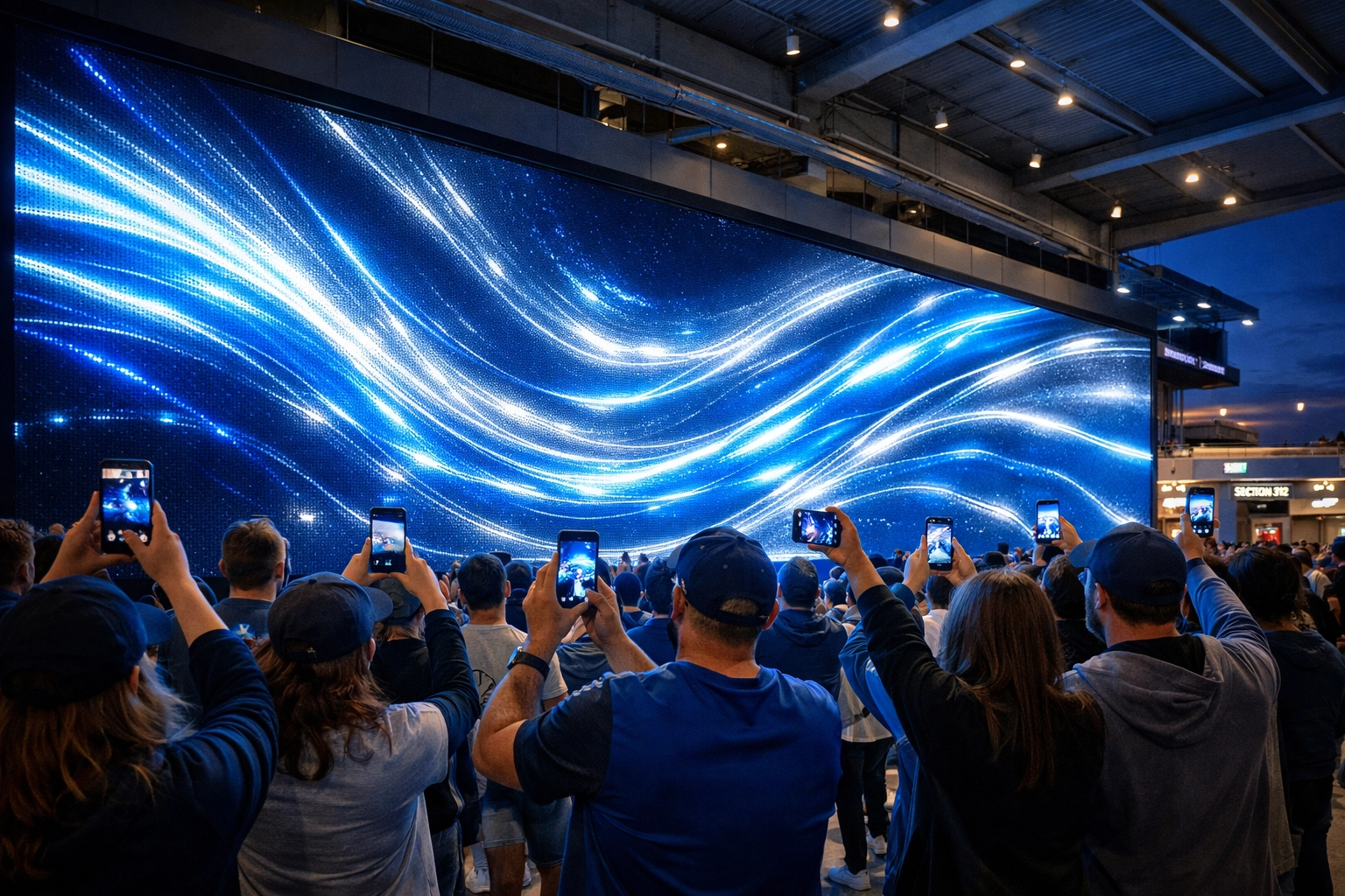 Fans using smartphones to interact with an interactive digital LED wall in a stadium concourse.