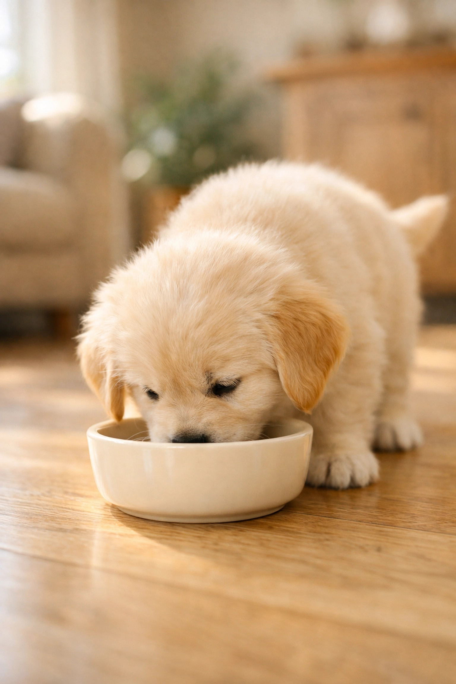 Golden Retriever puppy eating a nutrient-dense meal for healthy growth and a shiny coat.