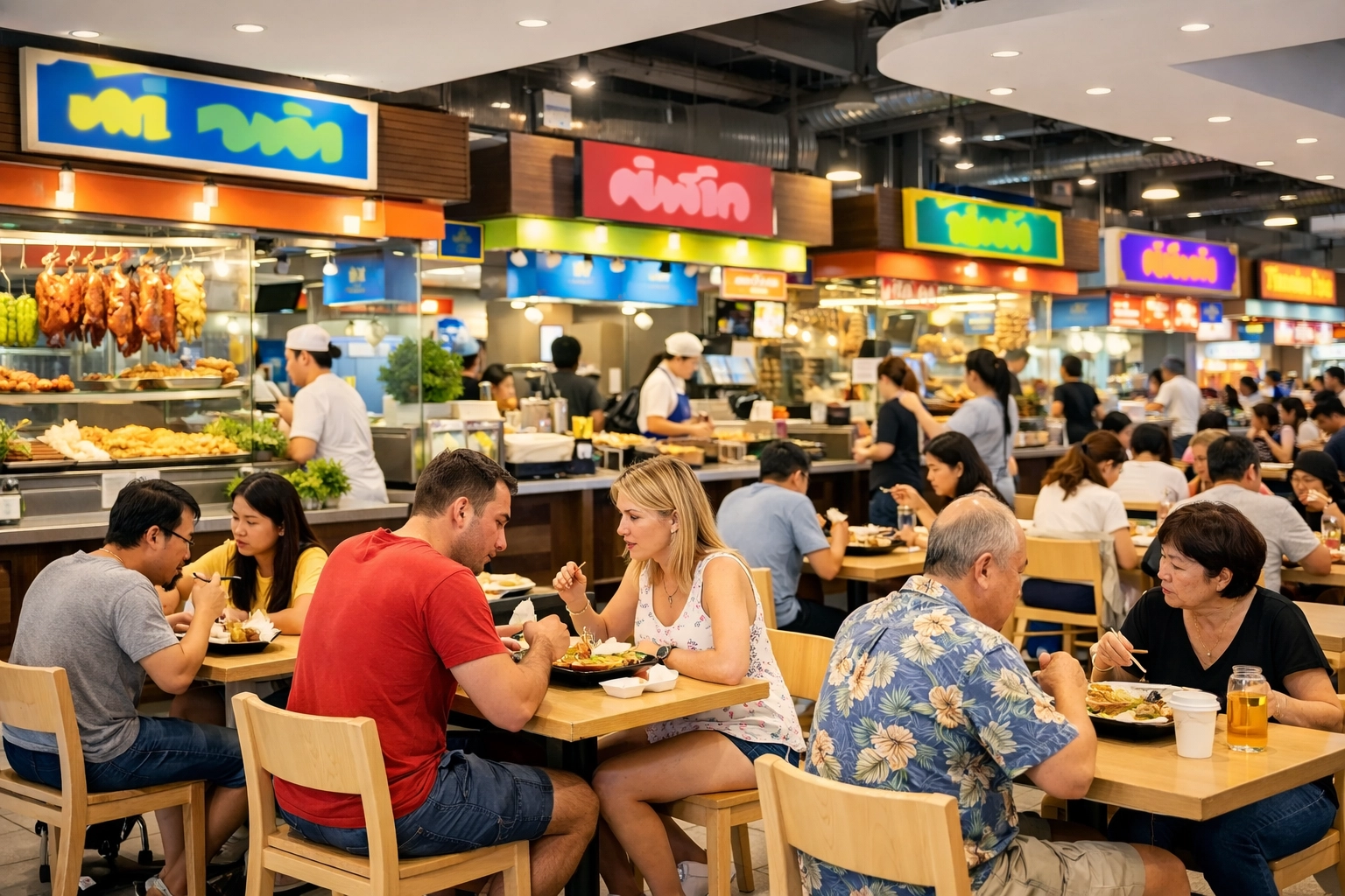 Travelers dining at the Terminal 21 food court, a clean and popular spot for budget travel food in Bangkok.