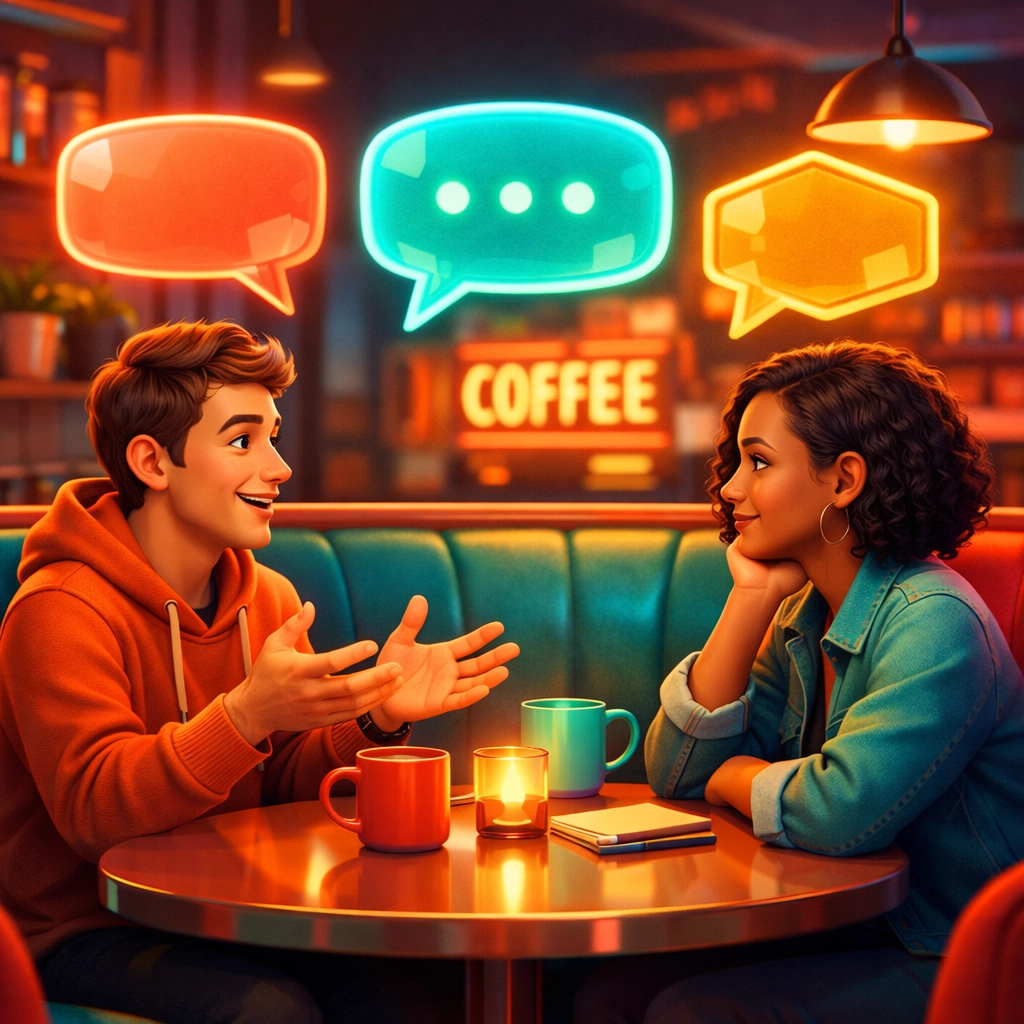 Two people having an honest conversation about dating intentions at a café