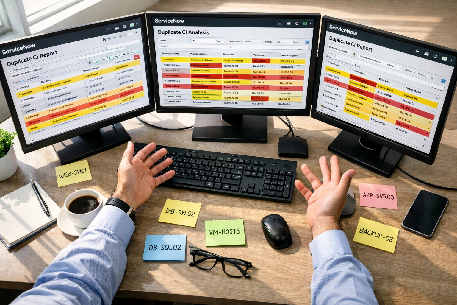 IT operations center desk with ServiceNow monitoring tools consolidated into unified workflow