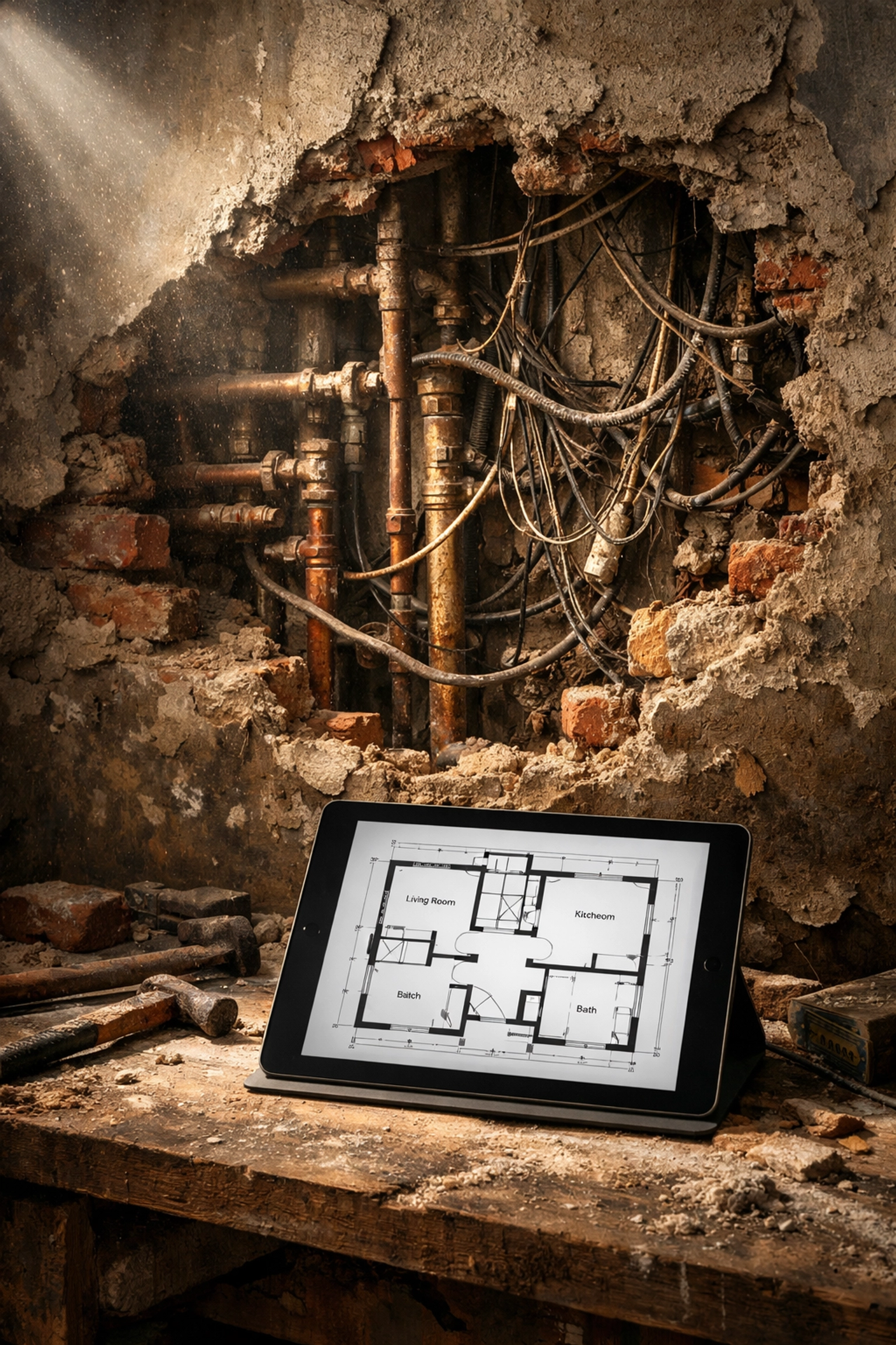 Exposed old wiring and pipes behind a wall at a property renovation site next to a digital floor plan.
