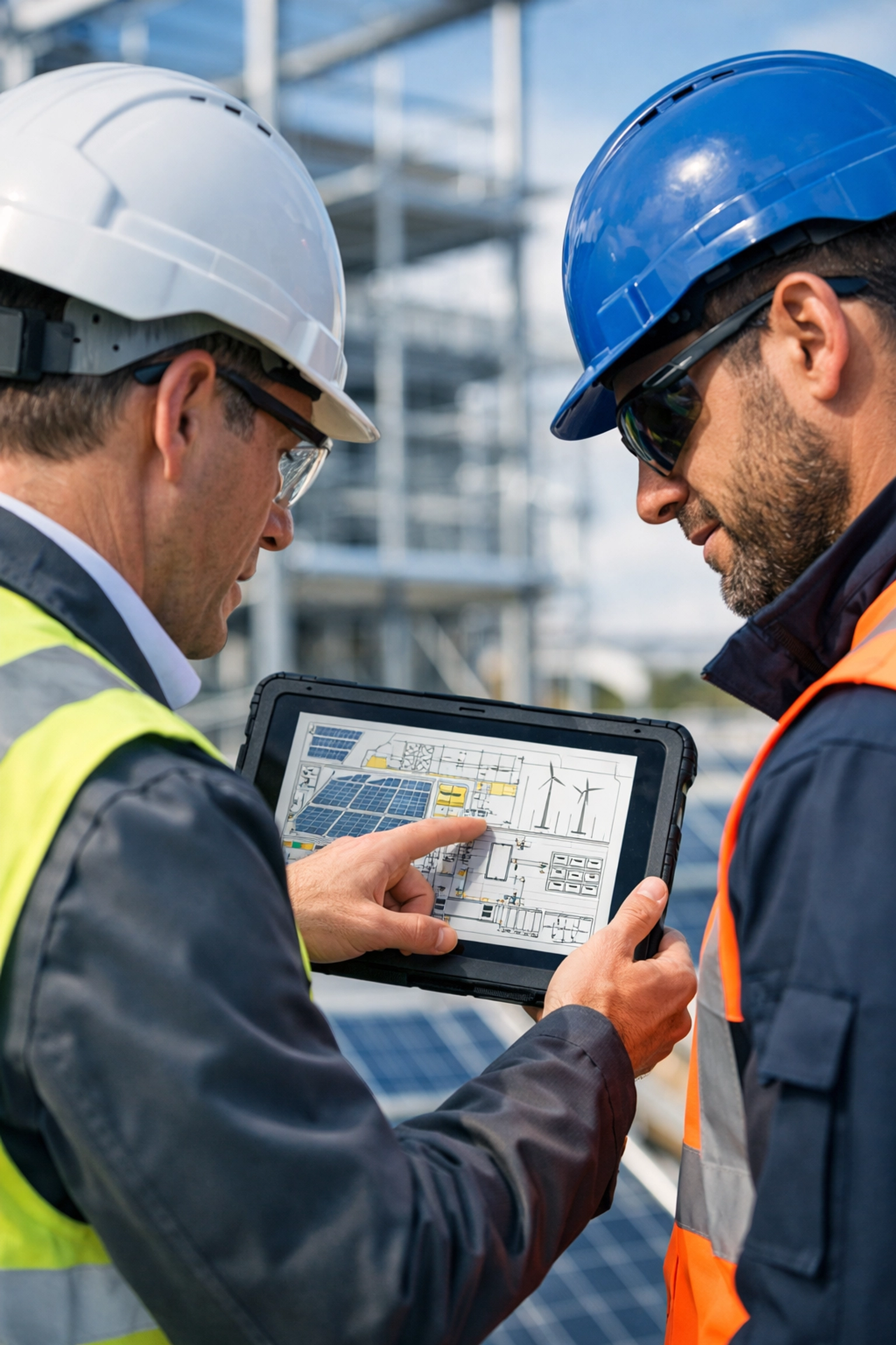 A site manager ensuring compliance and safety standards at a green energy construction site.