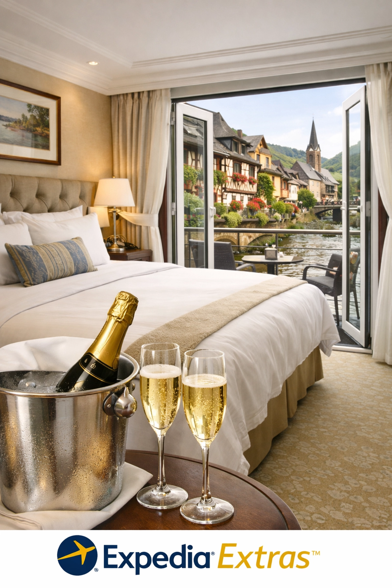 Luxury river cruise stateroom with a French balcony and sparkling wine, showcasing Expedia Extras.