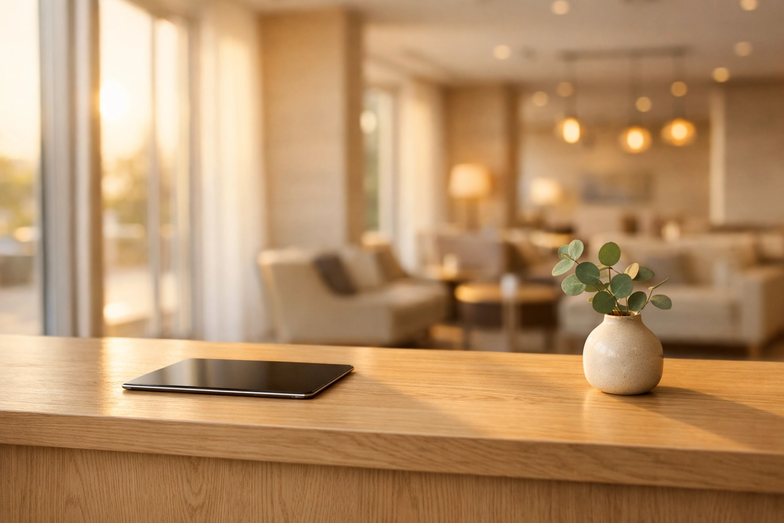 Minimalist hotel reception with a tablet on an oak desk, representing a trustworthy direct booking experience.