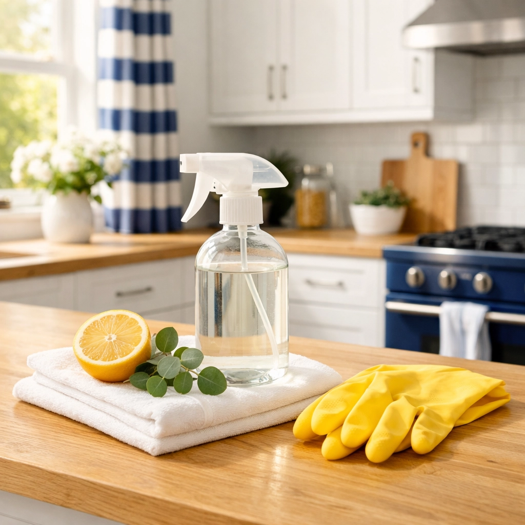 Eco-friendly cleaning supplies and fresh lemon on a modern Weston kitchen island.