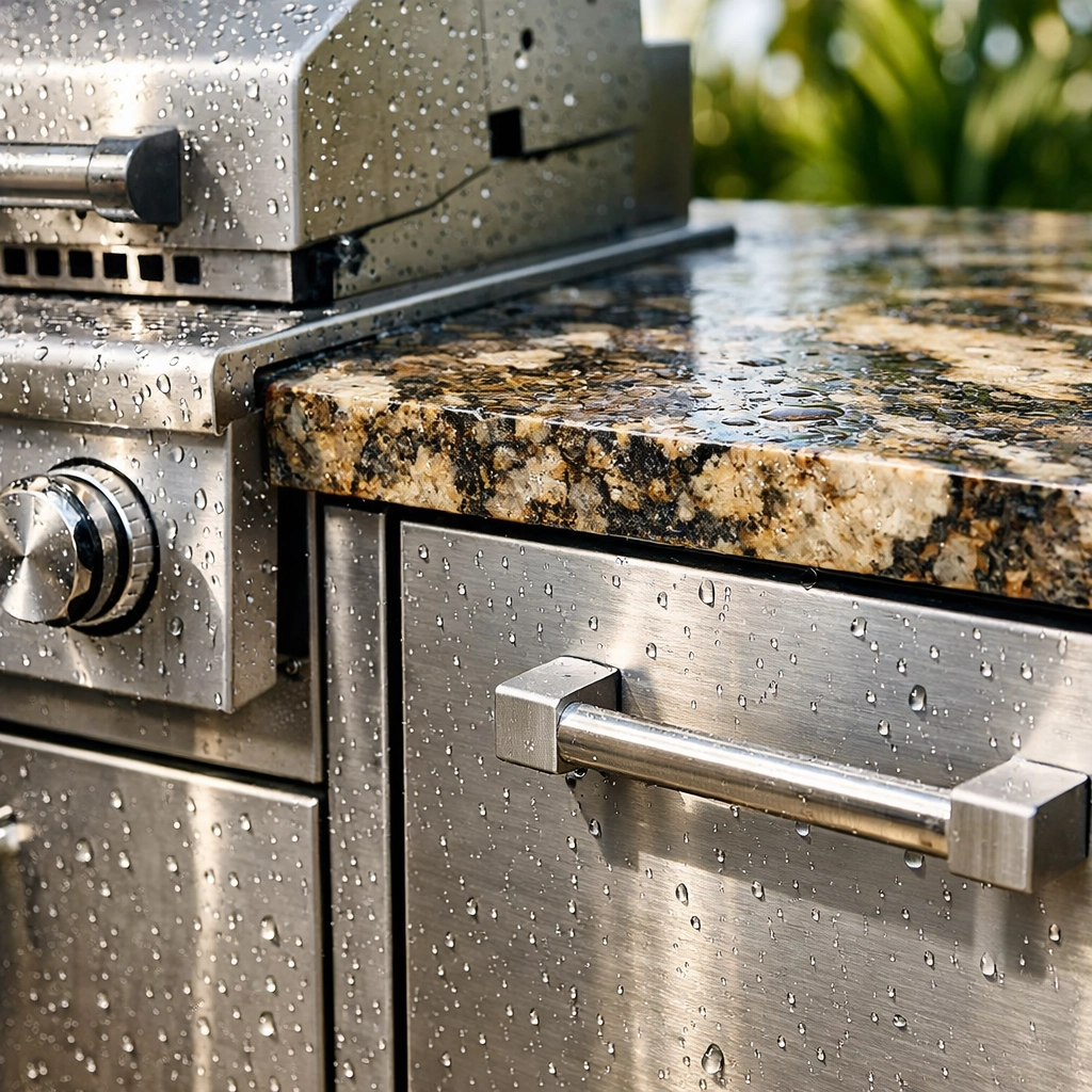 Weather-resistant stainless steel and granite materials for Orlando outdoor kitchen