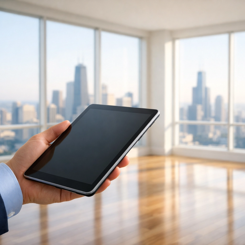 A property manager performing a digital walkthrough of a vacant Chicago apartment.