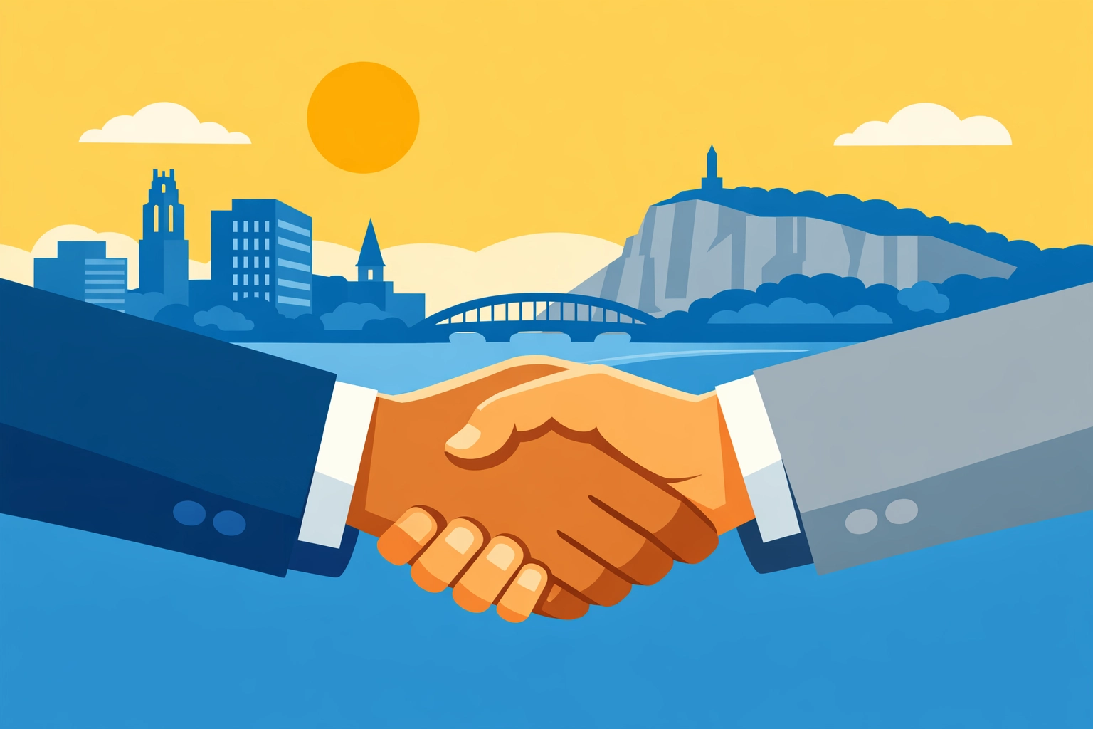 Professional handshake in front of New Haven skyline representing personalized small business tax services.