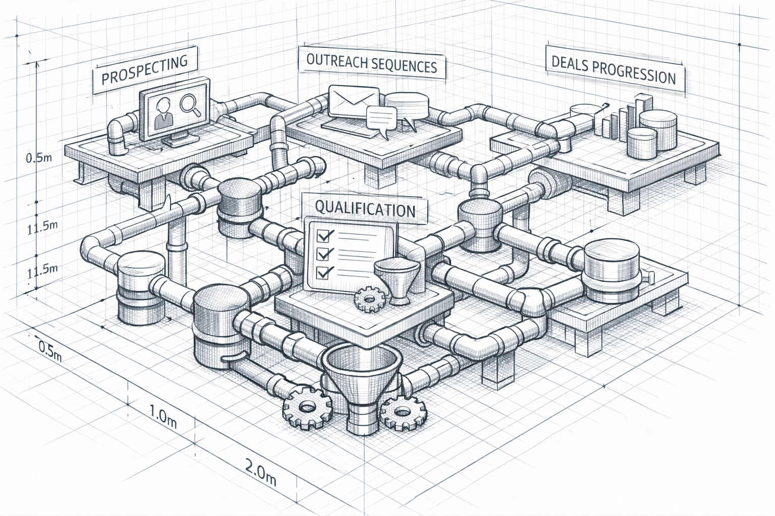 Sales automation pipeline workflow diagram showing prospect qualification and deal progression stages