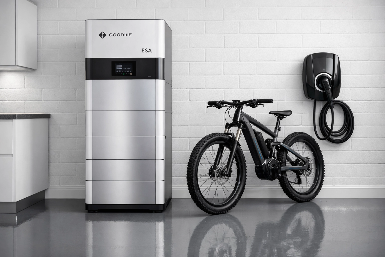 GoodWe ESA all-in-one solar battery system installed in a modern UK garage next to an EV charger.