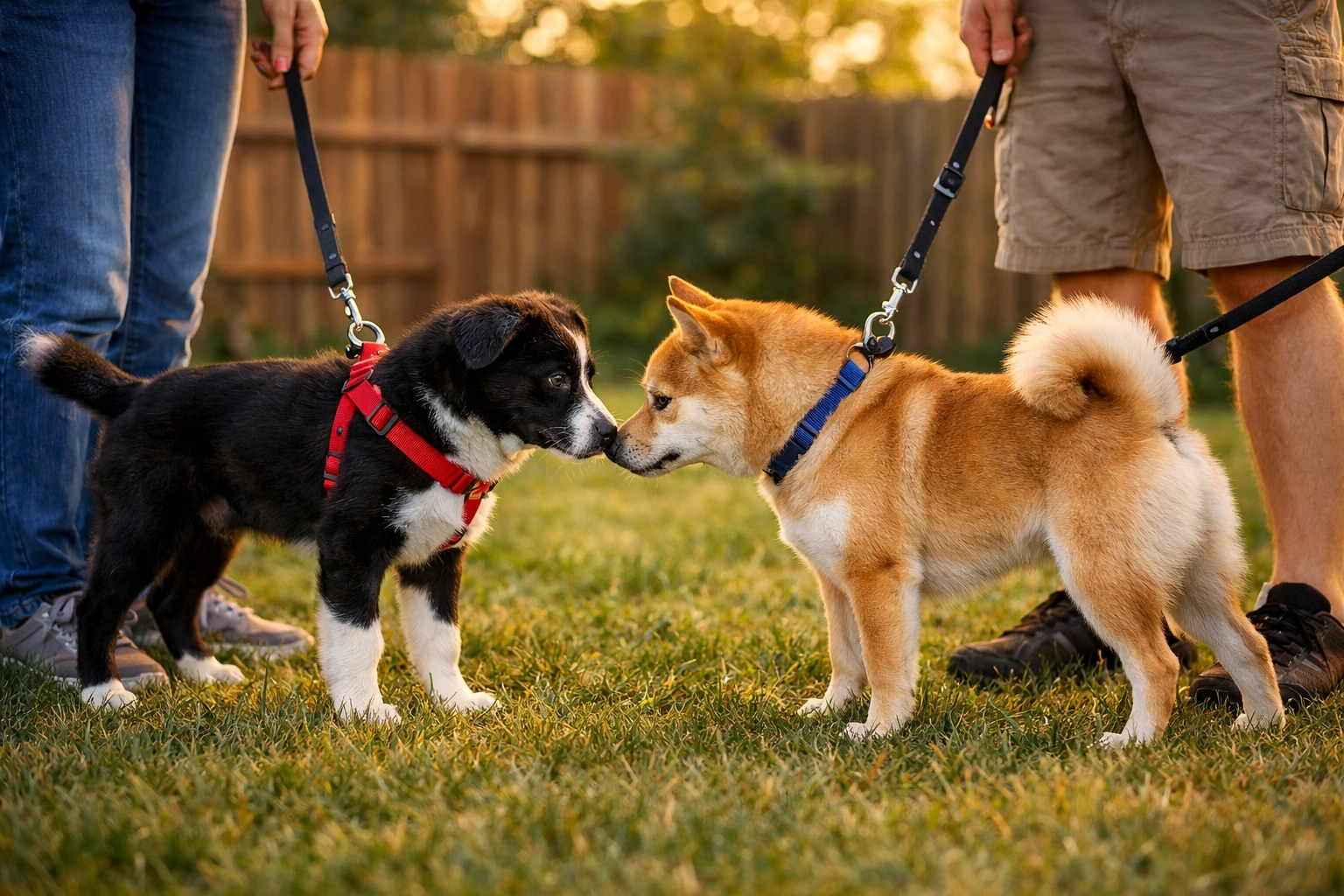 Two dogs on leashes carefully meeting in backyard as foster families supervise introduction
