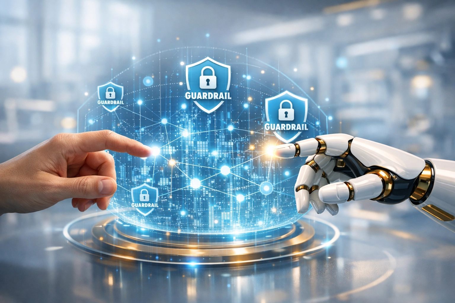 Human and robot hands collaborating on a digital interface to represent AI product manager skills and ethics.