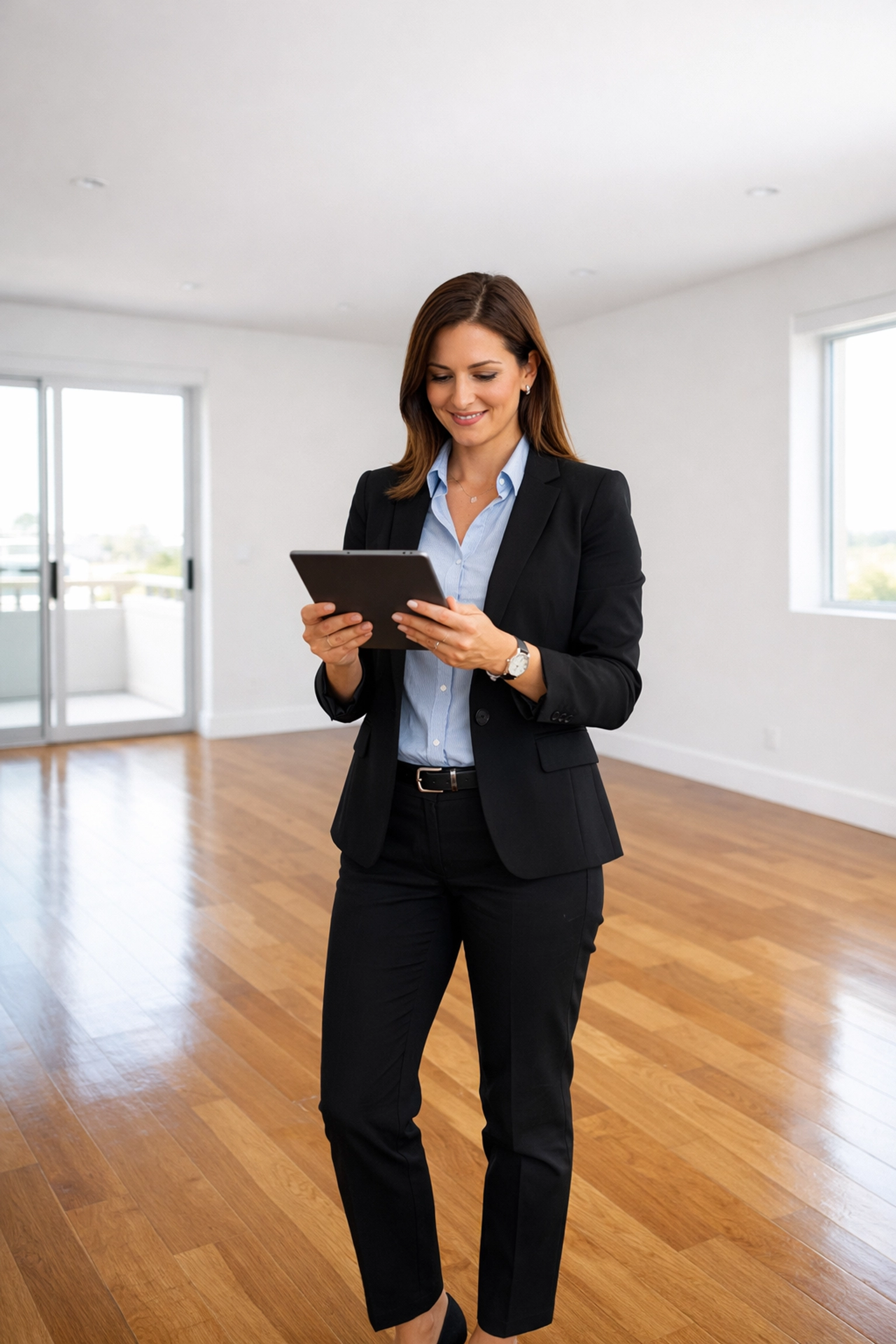Portfolio manager reviewing digital turnover reports in a clean, market-ready apartment.