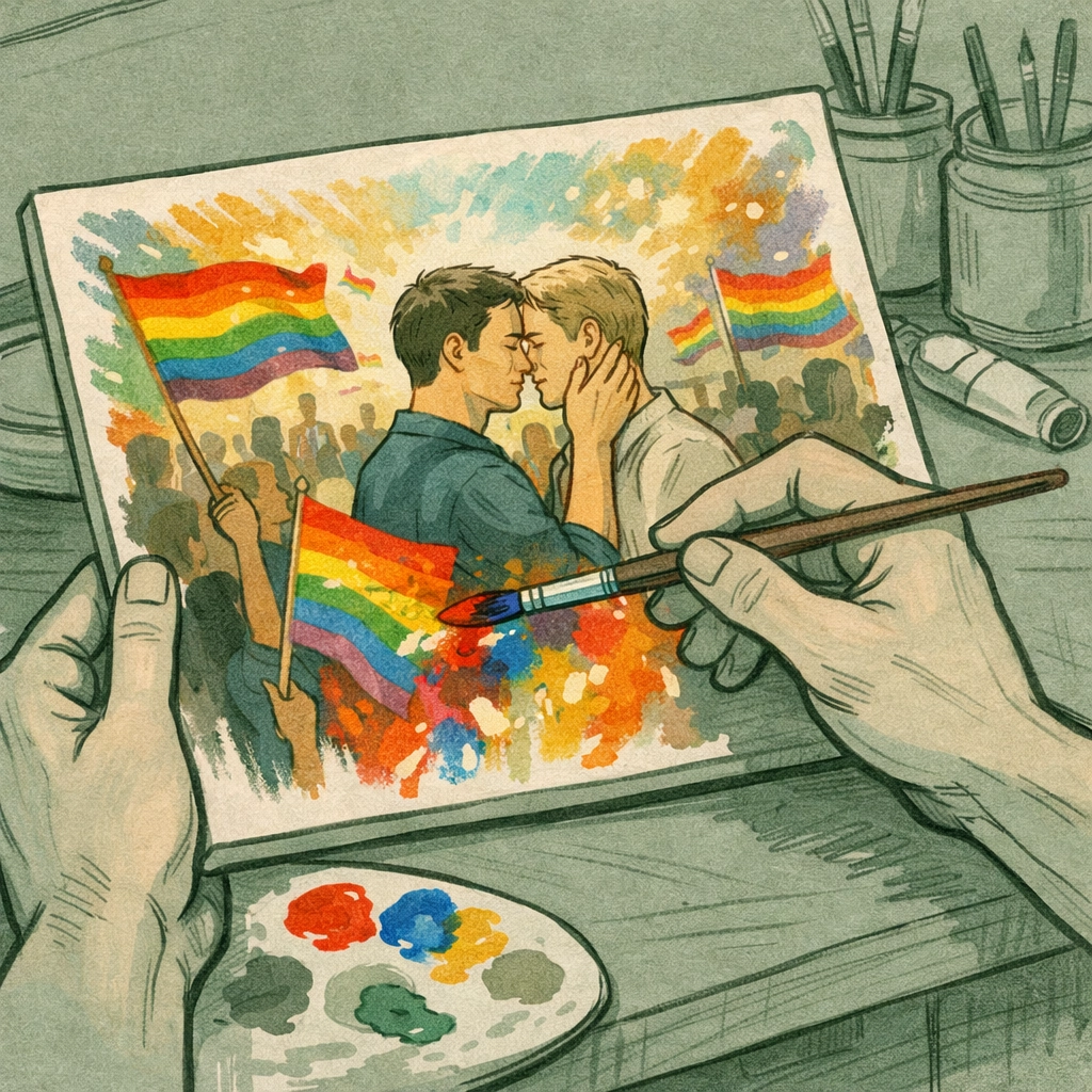 Artist painting vibrant Pride parade dreams on canvas - gay romance and hope