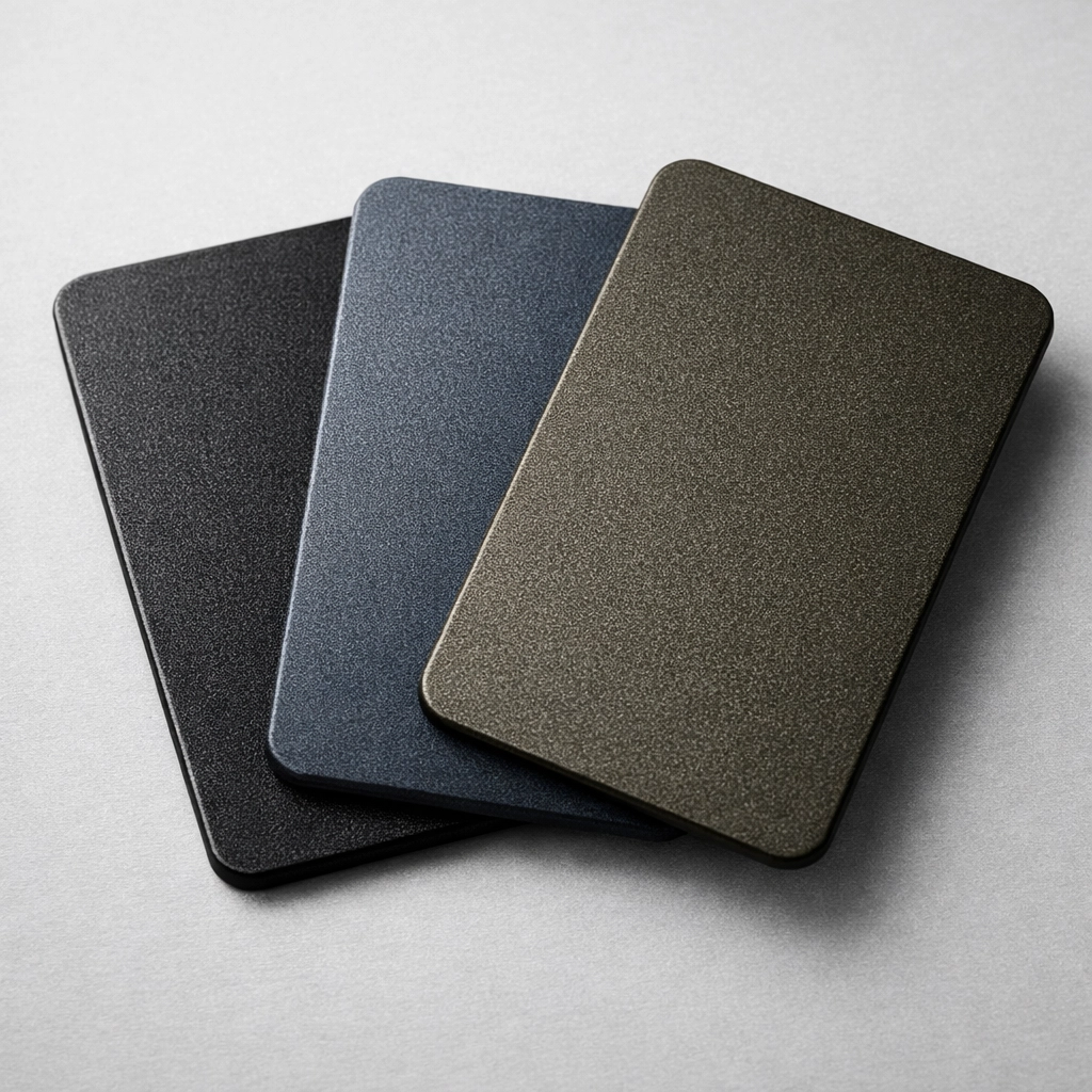 Powder-coated aluminium swatches in Flaxpod, Grey Friars, and Ironsand for NZ louvre kitsets.