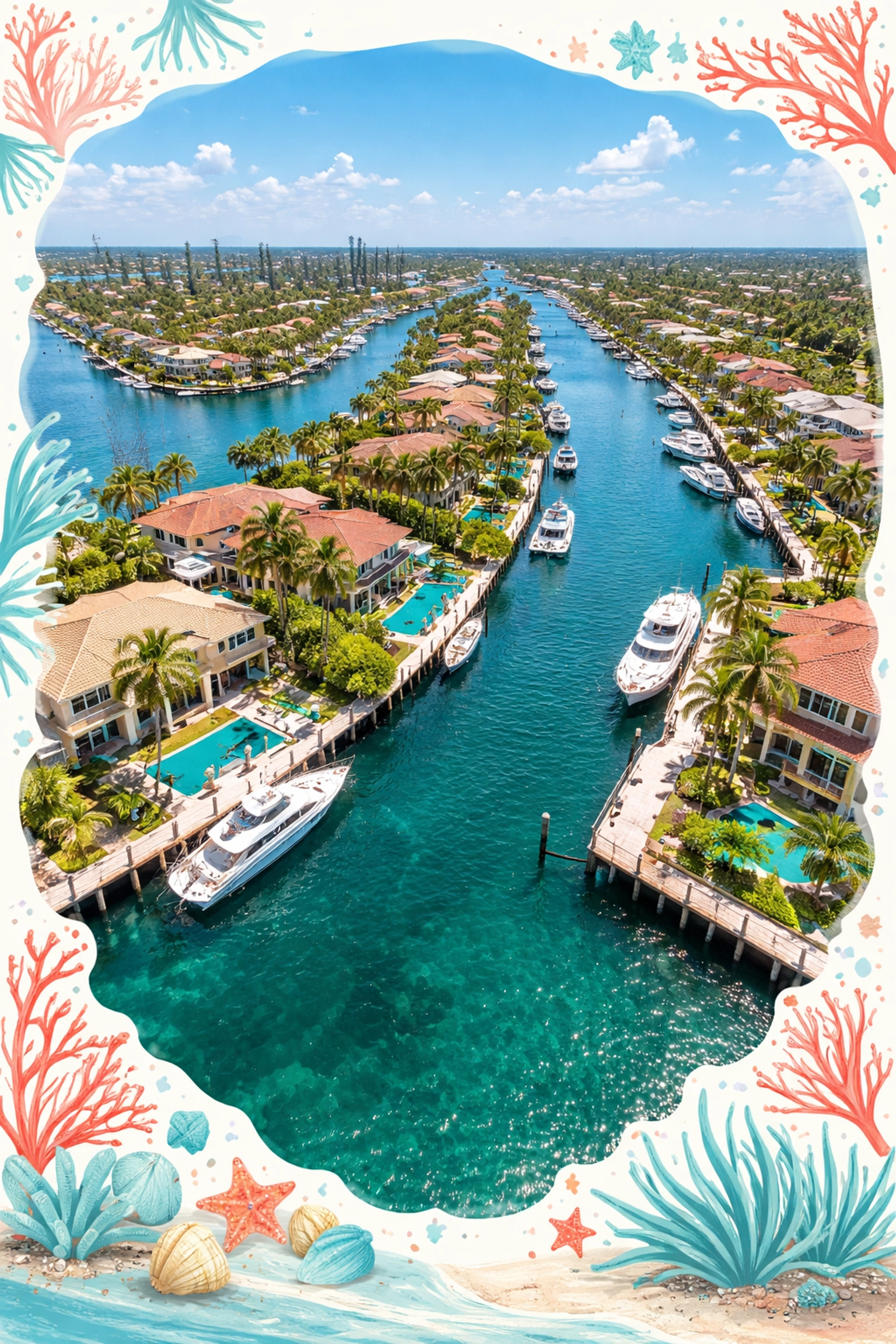 Aerial view of Pompano Beach luxury waterfront homes with private docks, yachts, and palm-lined streets in 2026.