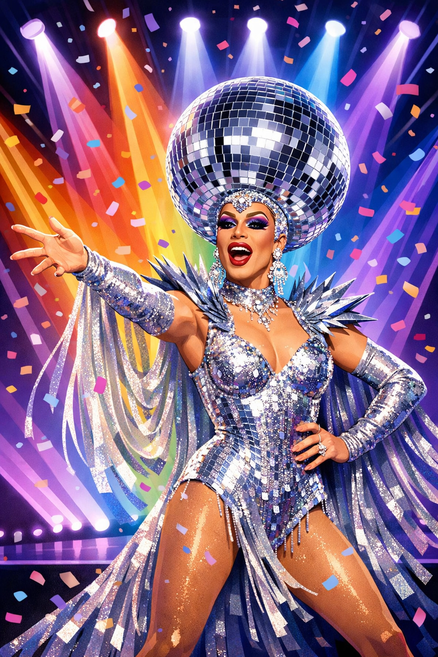 Verka Serduchka drag performer on Eurovision stage with silver disco ball headpiece and rainbow lights