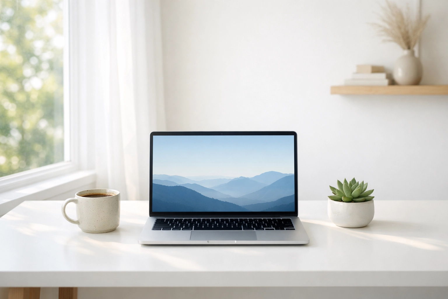 A clean minimalist home office desk with a laptop, representing a focused workspace without digital AI clutter.