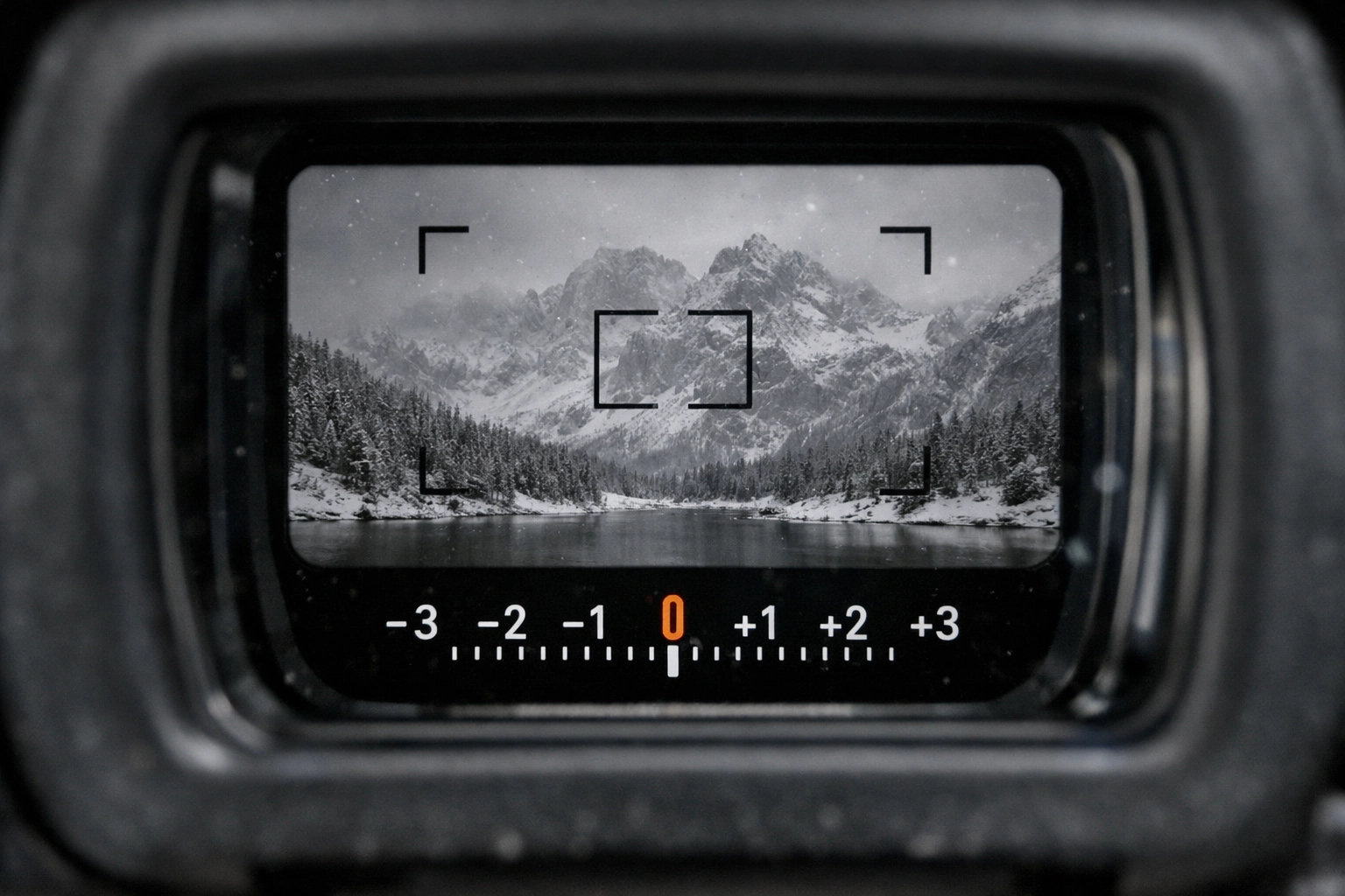 Camera viewfinder showing the light meter at zero to demonstrate common manual mode mistakes with exposure.