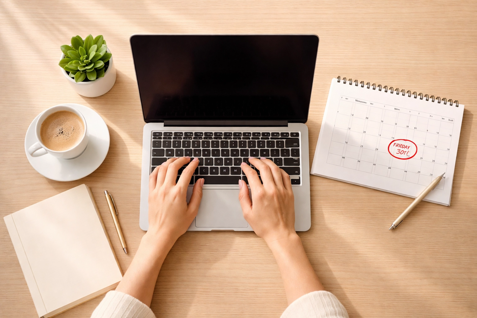 Organized workspace with payroll calendar and coffee, representing efficient small business payroll services and peace of mind