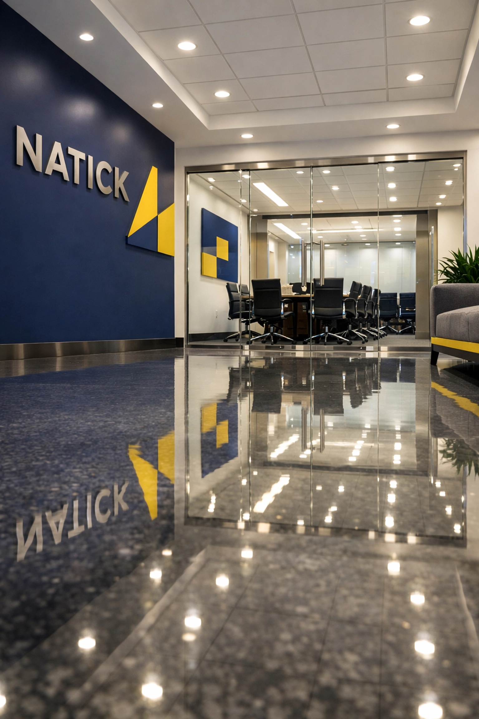 Polished reflective flooring in a professional Natick office lobby showing expert commercial janitorial results.