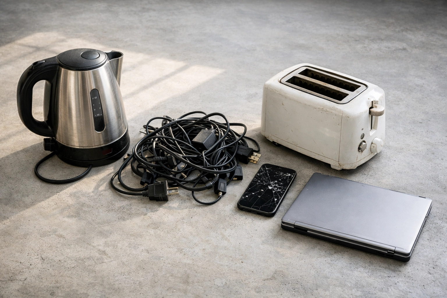 Common household e-waste items including a laptop and smartphone for WEEE recycling in Northamptonshire.