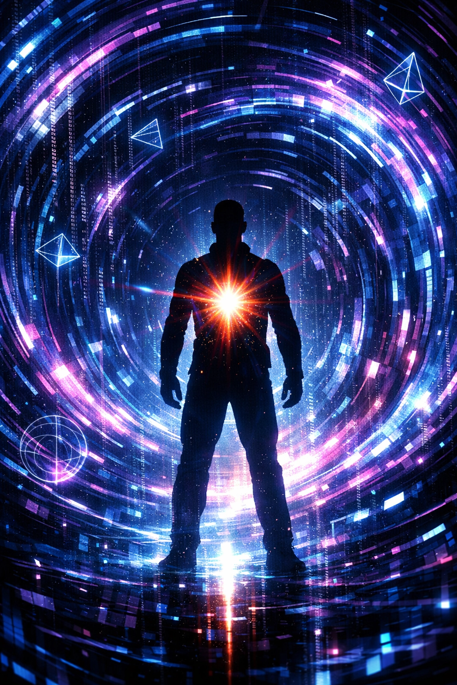 A silhouette surrounded by data streams showcasing human potential through custom AI solutions.