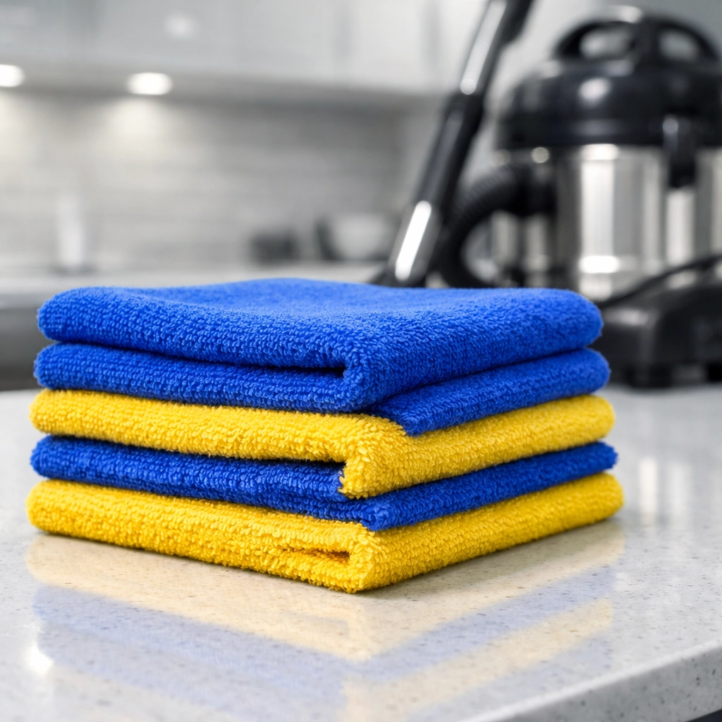 High-quality microfiber cloths and tools used for expert house cleaning Ashburnham MA.