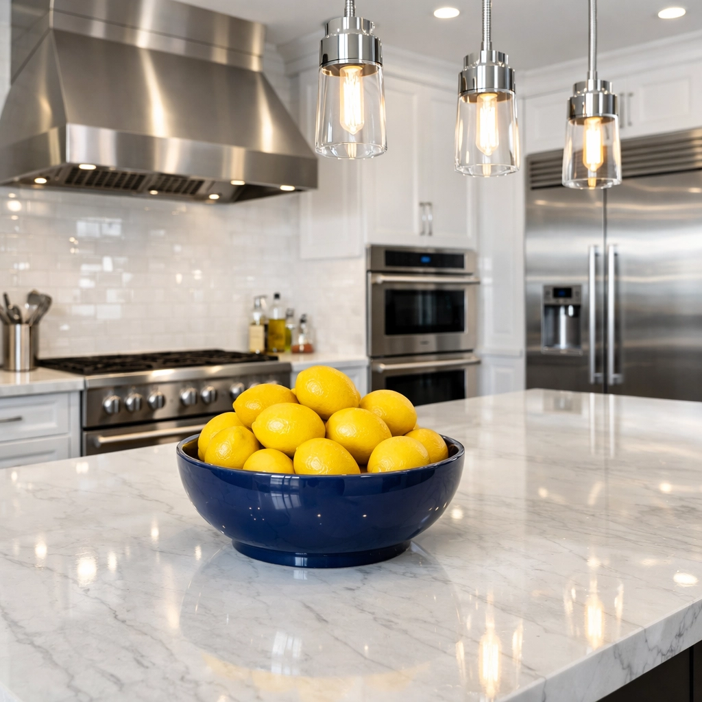 Sanitized modern kitchen with polished stainless steel appliances and sparkling marble island in Westborough.