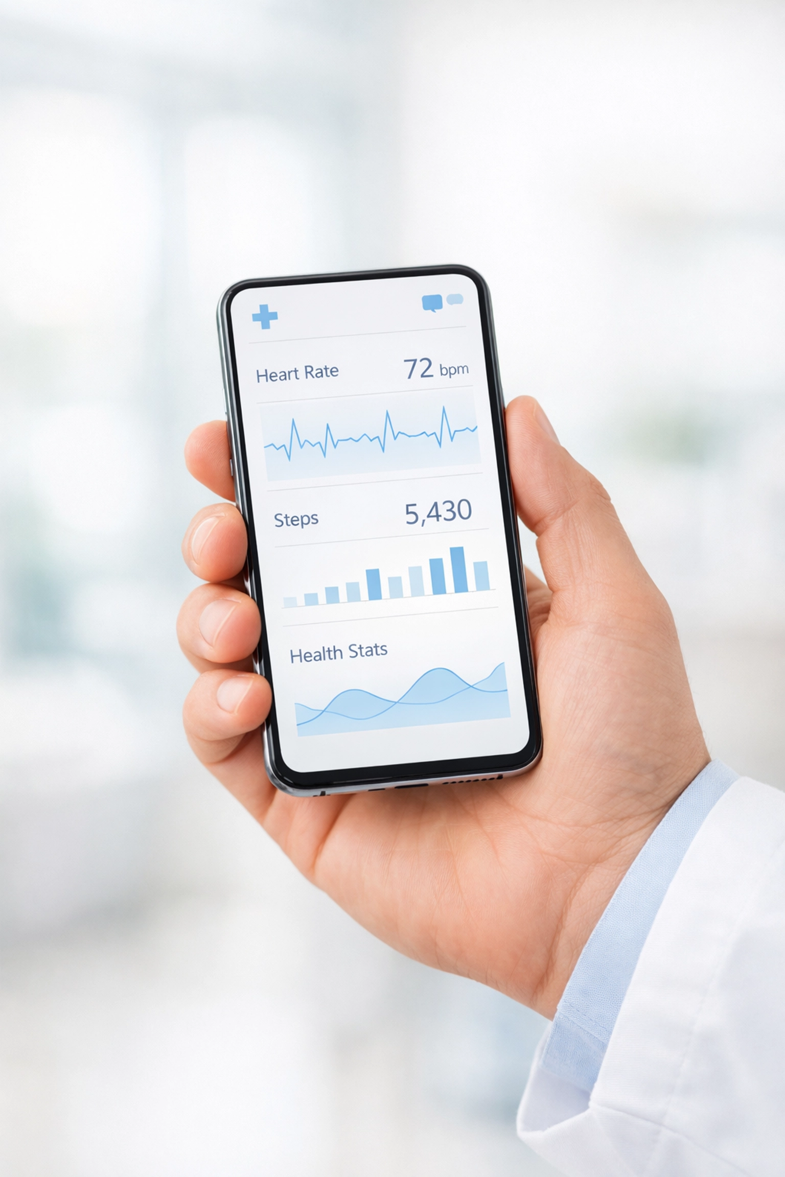 A clean, soft-focus photographic shot of a doctor's hand holding a sleek, modern smartphone in a bright, airy clinical setting. The screen displays a minimalist medical interface with subtle blue graphs. The background shows a blurred medical office with natural light and neutral tones, creating a high-tech yet professional and approachable atmosphere.