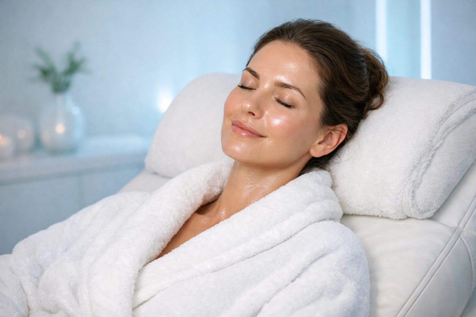 A client relaxing with a dewy, glowing glass-skin finish—no devices, just results.