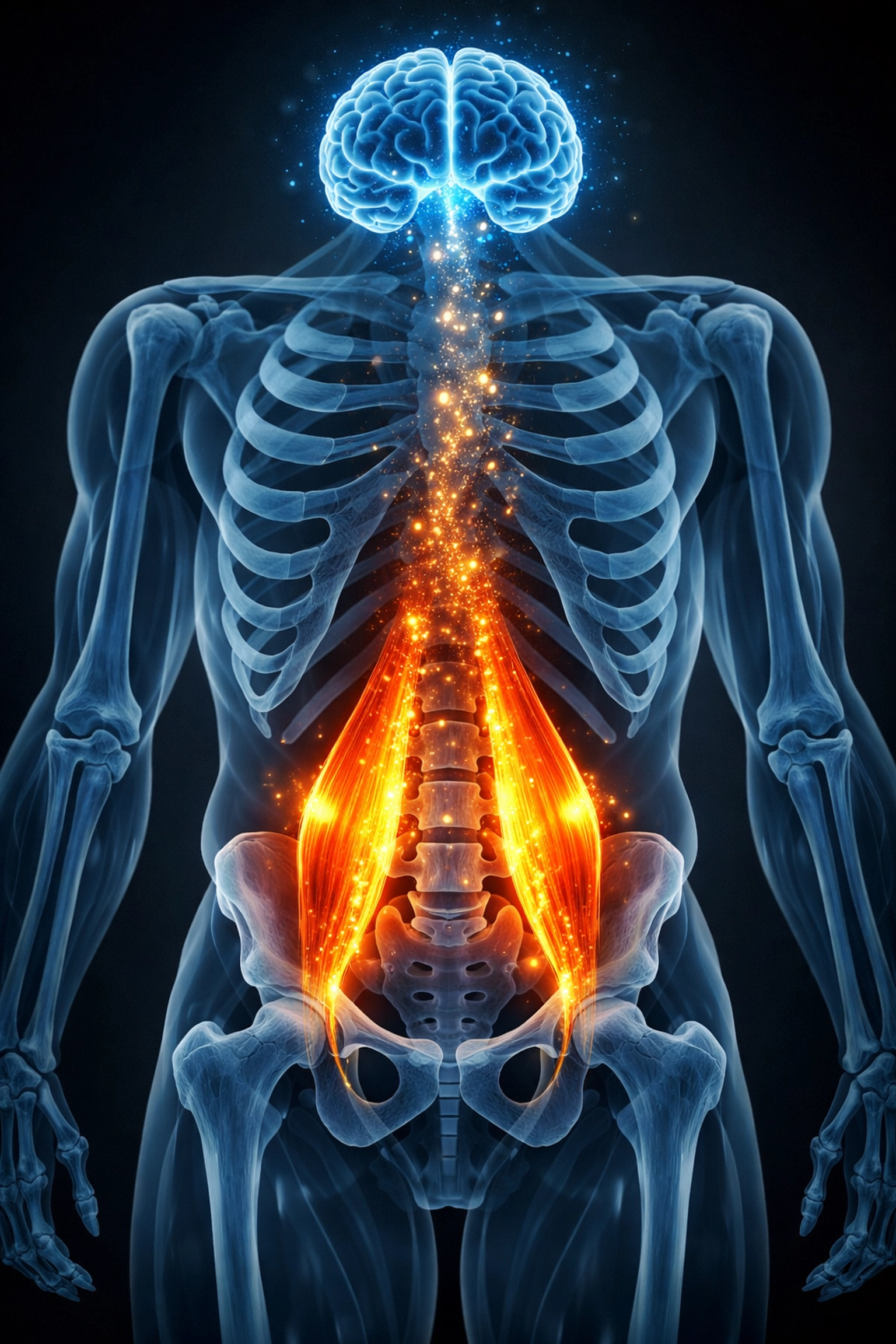 Medical illustration of the psoas muscle holding trapped stress energy and its neural link to the brain.