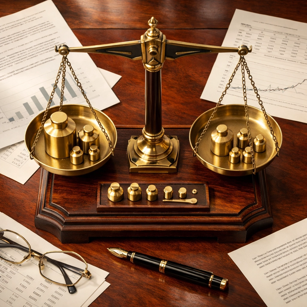 Precision balance scale depicting optimal hedge fund portfolio equilibrium and asset allocation