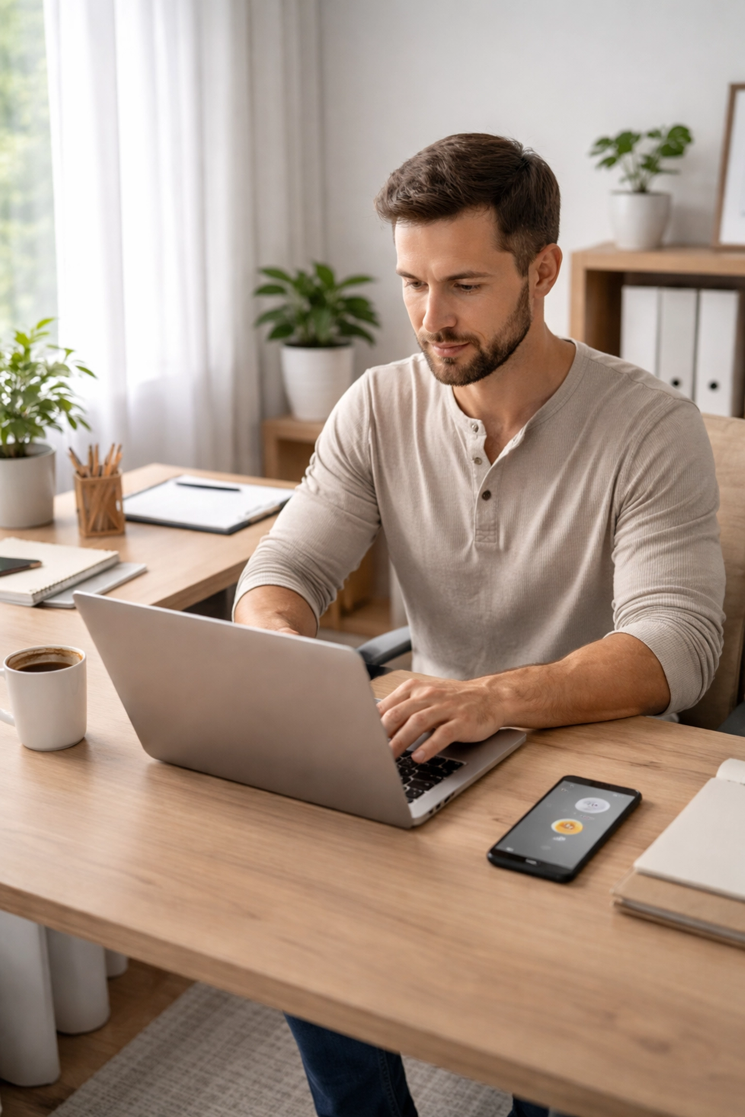 Small business owner using a laptop in a minimalist office, highlighting efficient AI team support in Seaham.