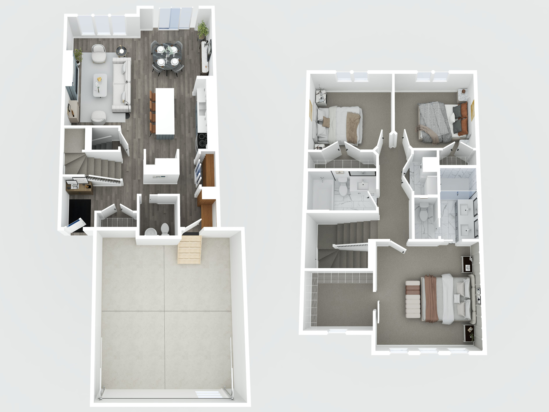3D Rendered Floor Plan - Two-Storey Single-Family Home Detailed 3D floor plan rendering of a two-storey single-family home. The main floor contains a double garage, open-concept living and dining area, modern kitchen with island, powder room, and foyer. The upper floor features three bedrooms, two full bathrooms (one ensuite with dual vanities), and a dedicated laundry area. Ideal for real estate listings requiring clear spatial representation.