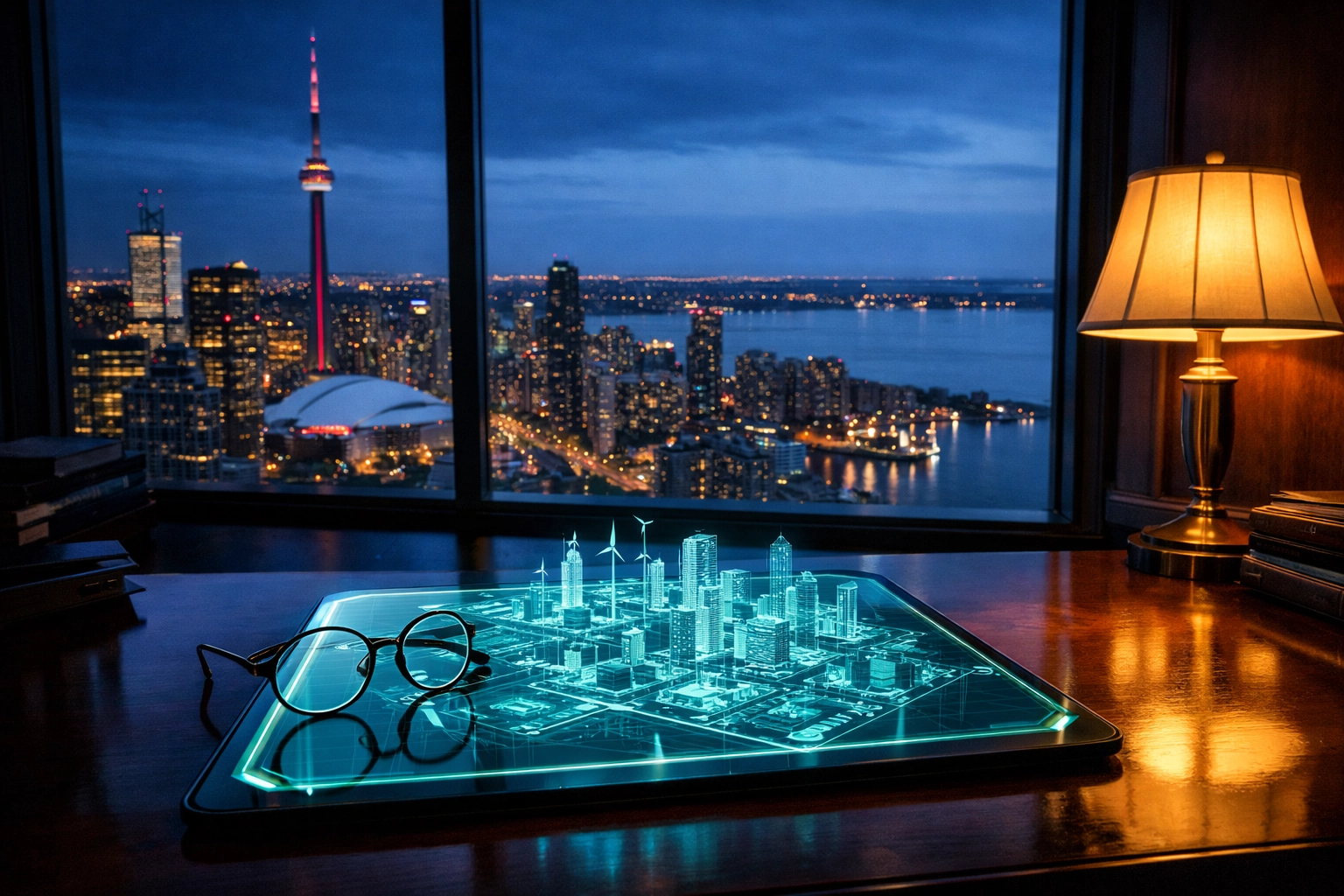 Strategic planning for Canada's sustainable growth featuring a digital city blueprint and urban skyline at twilight.