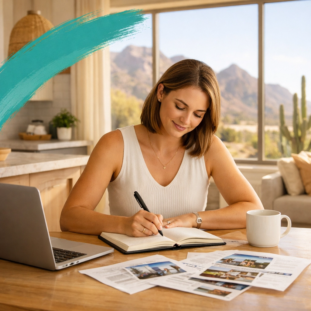 Woman creating real estate strategy checklist at home in Arizona