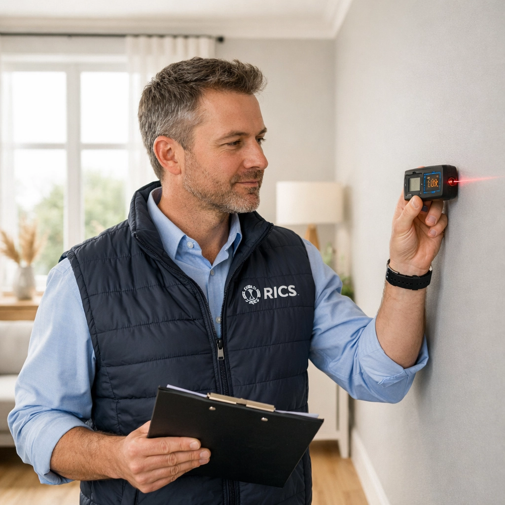 A professional RICS surveyor performing a shared ownership valuation for sale in a modern living room.