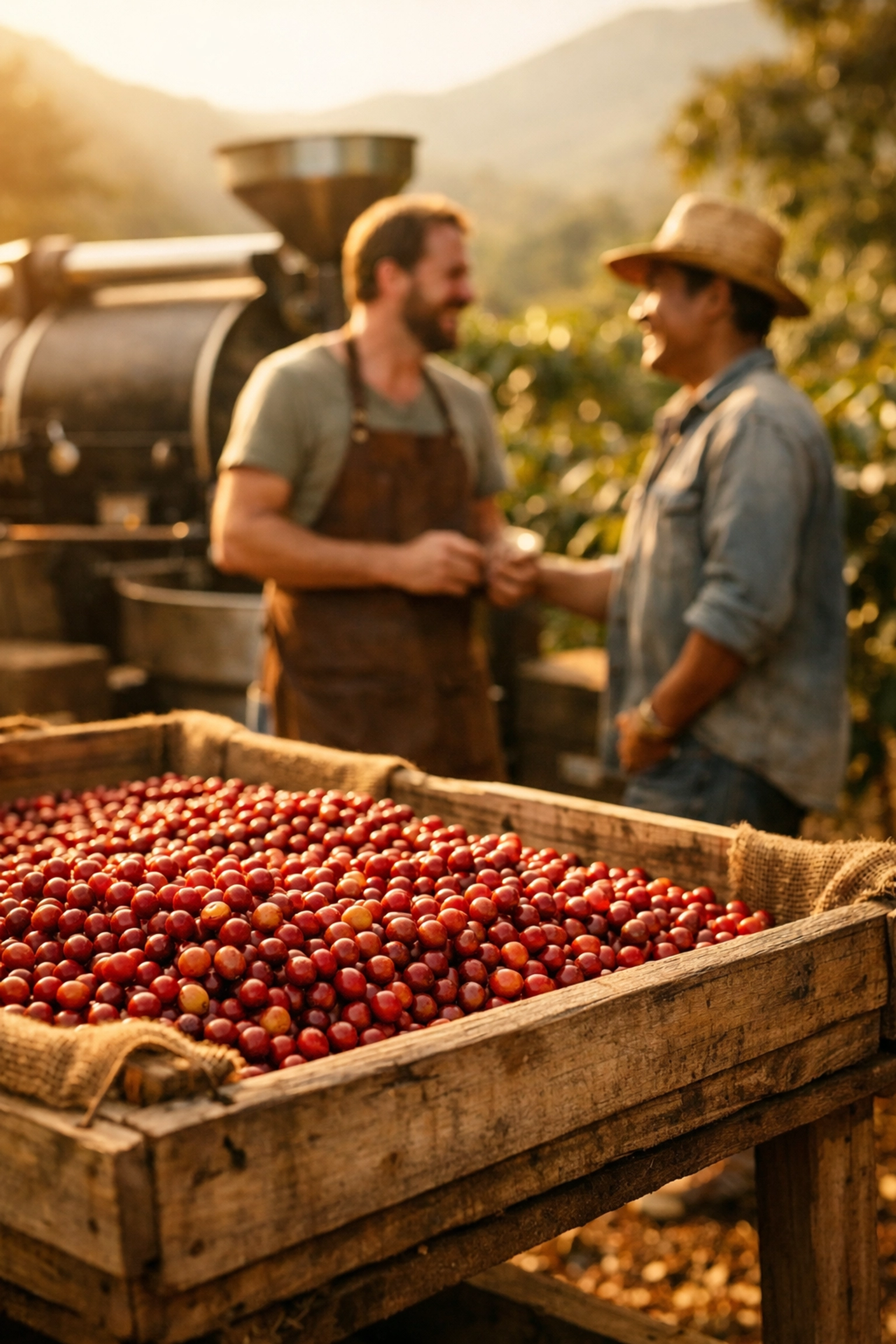 A coffee roaster and farmer discussing ethical sourcing at a plantation with fresh specialty coffee cherries.