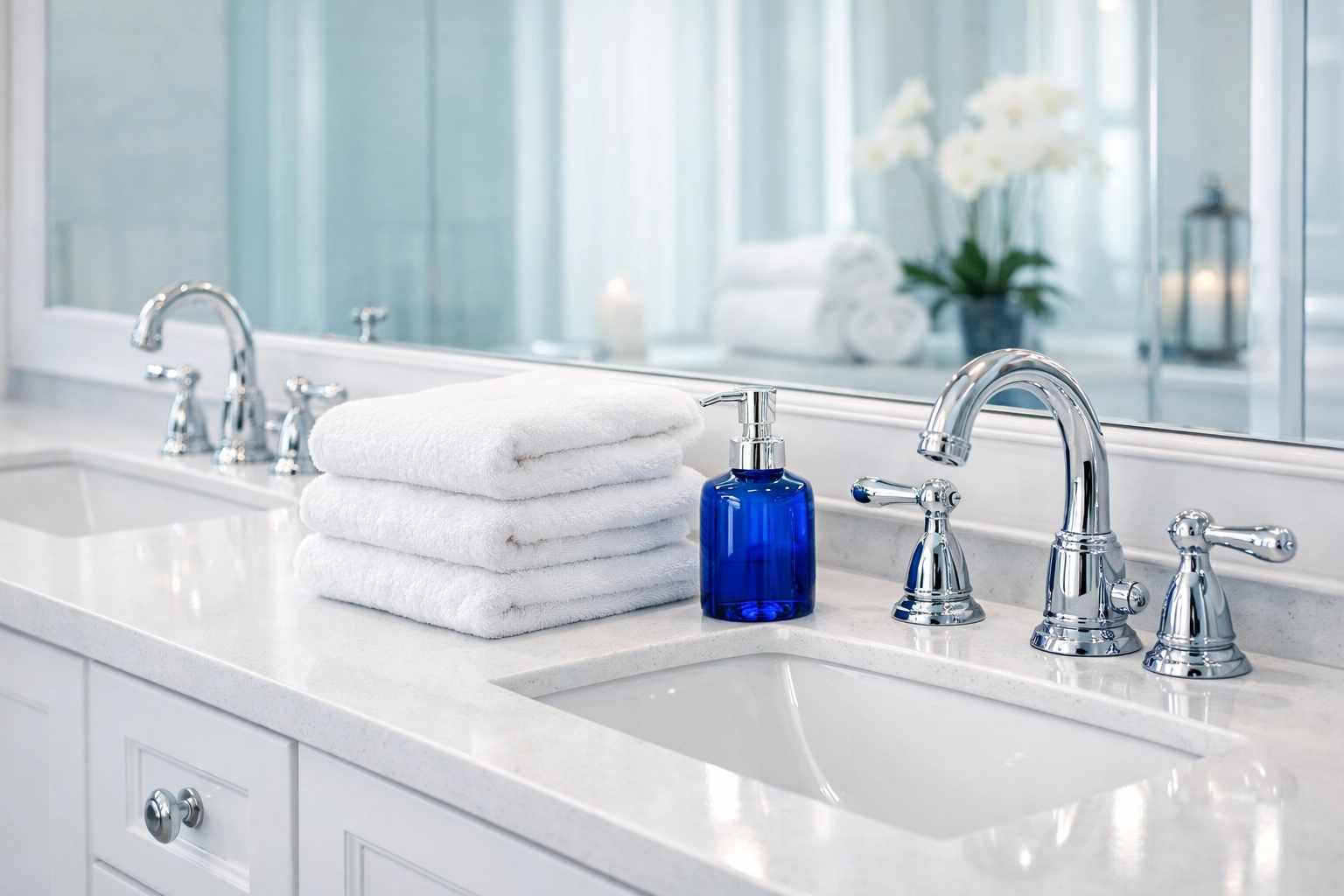 Clean luxury master bathroom vanity and quartz countertop showcasing residential cleaning Massachusetts quality.